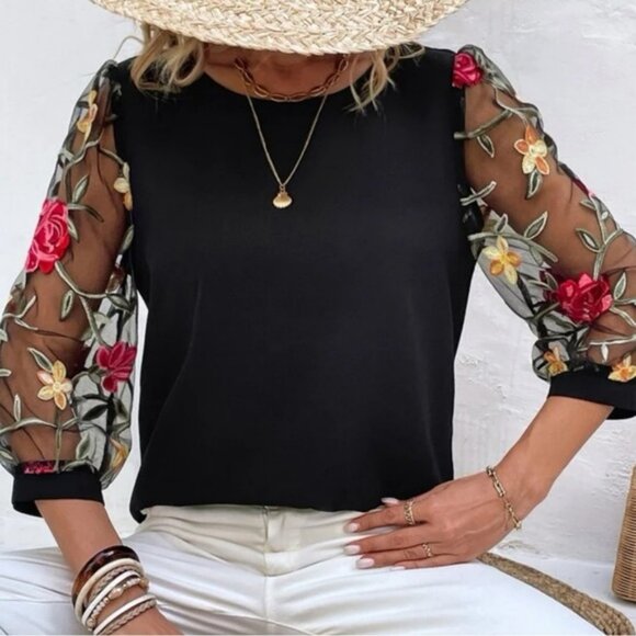 Boho Black Floral Embroidered Sheer Sleeve Top - Picture 1 of 5